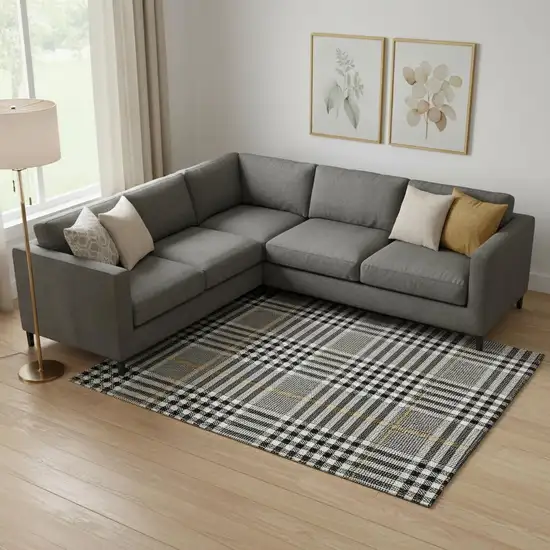 Black Ivory And Gold Plaid Washable Area Rug With UV Protection Photo 1