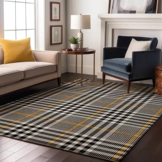 Black Ivory And Gold Plaid Washable Area Rug With UV Protection Photo 4