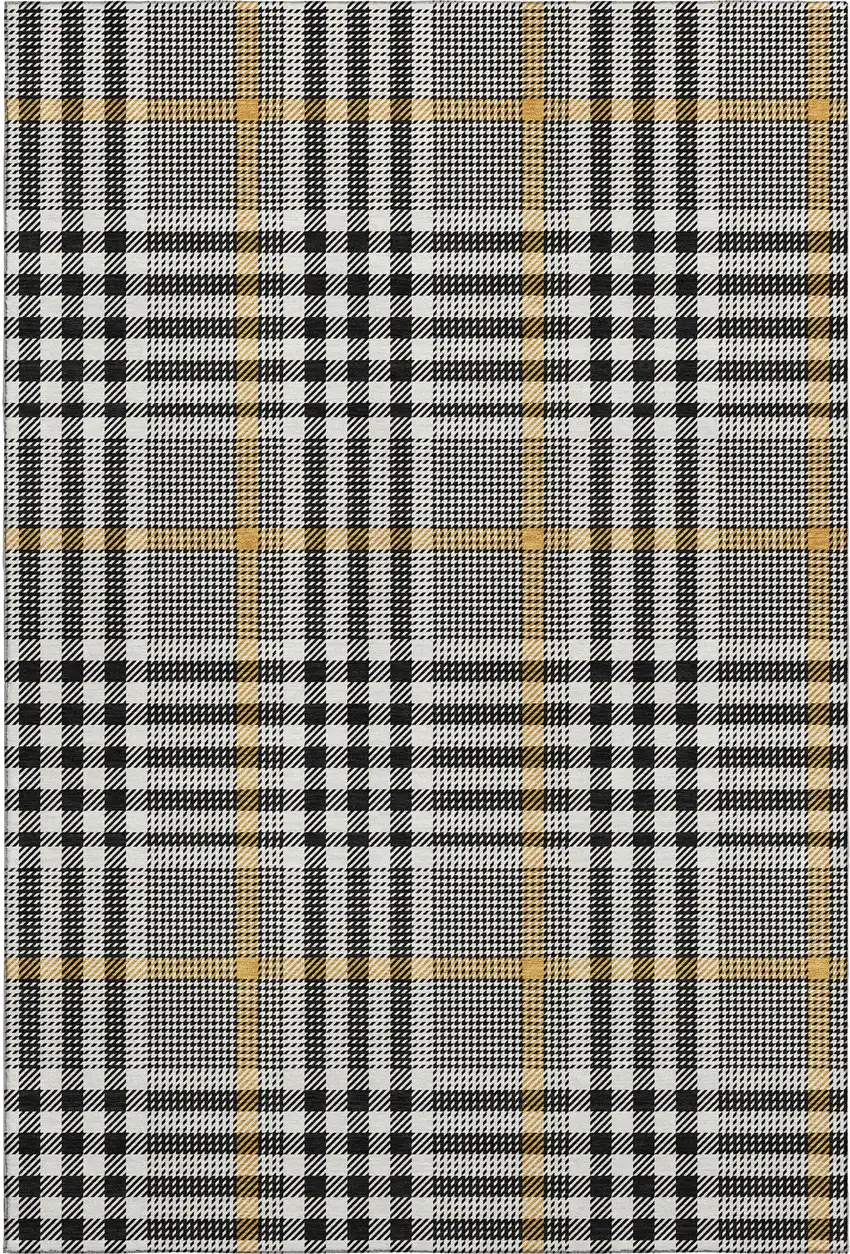 Black Ivory And Gold Plaid Washable Area Rug With UV Protection Photo 1