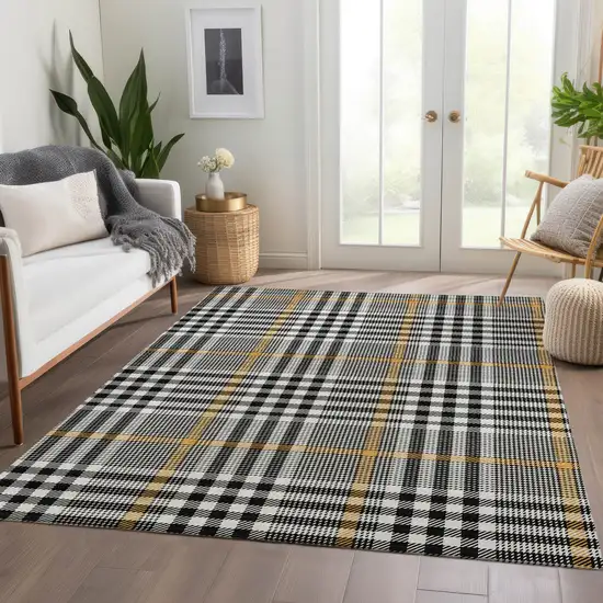 Black Ivory And Gold Plaid Washable Area Rug With UV Protection Photo 6