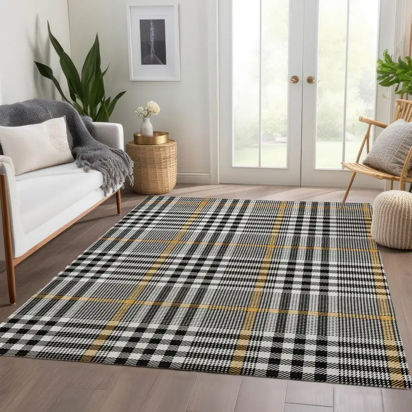 Black Ivory And Gold Plaid Washable Area Rug With UV Protection Photo 6