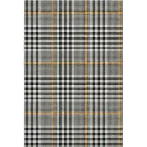 Photo of Black Ivory And Gold Plaid Washable Area Rug With UV Protection