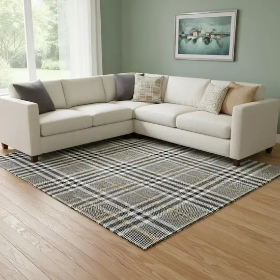 Black Ivory And Gold Plaid Washable Area Rug With UV Protection Photo 2