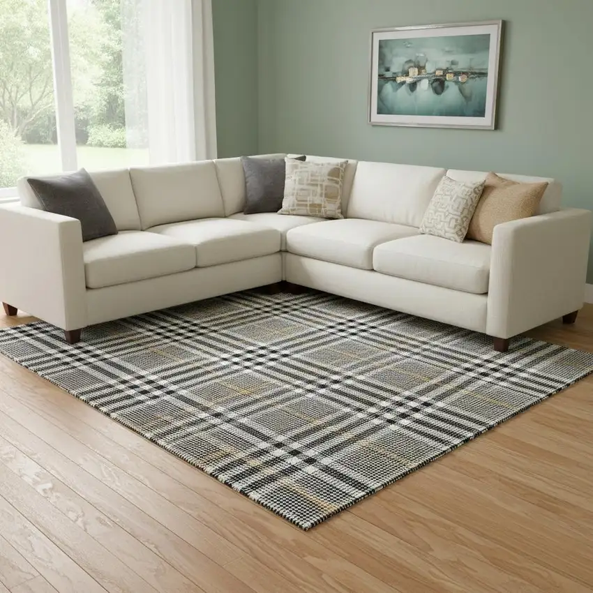 Black Ivory And Gold Plaid Washable Area Rug With UV Protection Photo 2