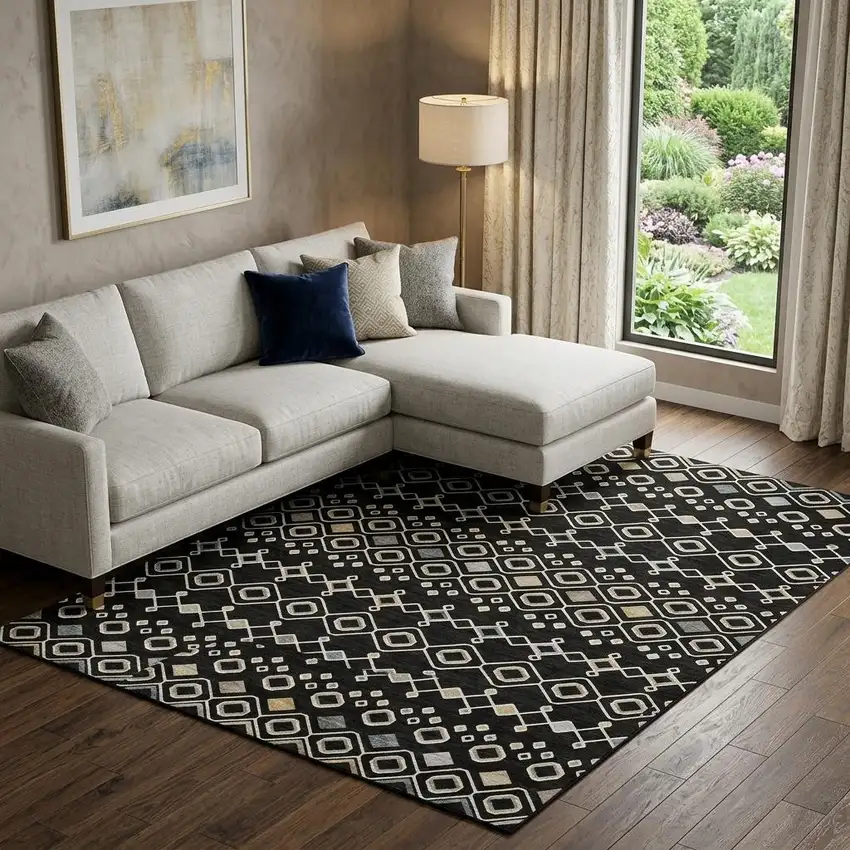 Black Ivory And Gold Southwestern Washable Area Rug With UV Protection Photo 1