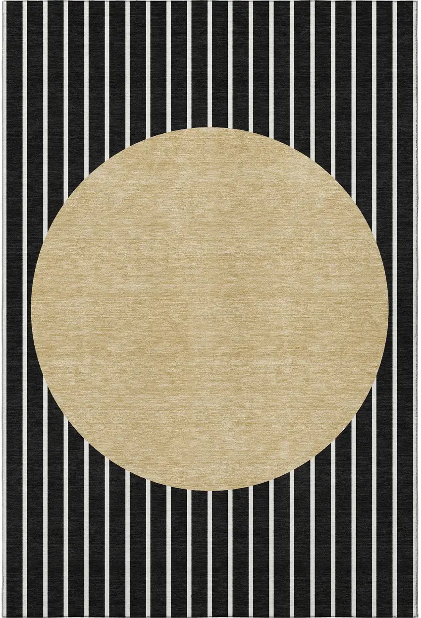 Black Ivory And Gold Striped Washable Area Rug With UV Protection Photo 2