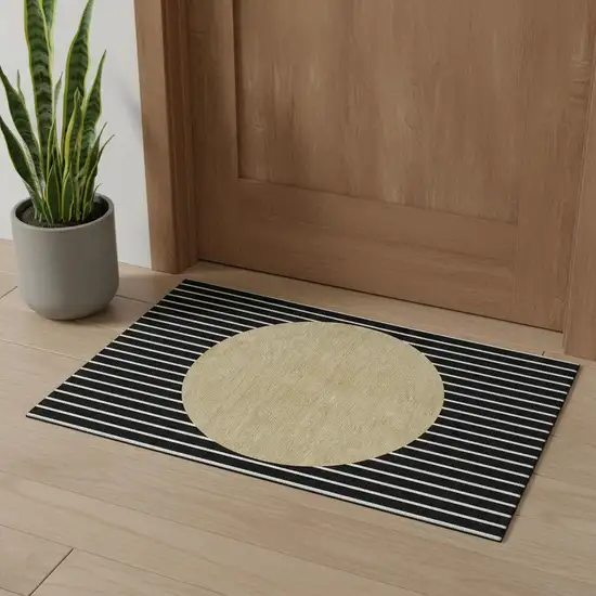 Black Ivory And Gold Striped Washable Area Rug With UV Protection Photo 1