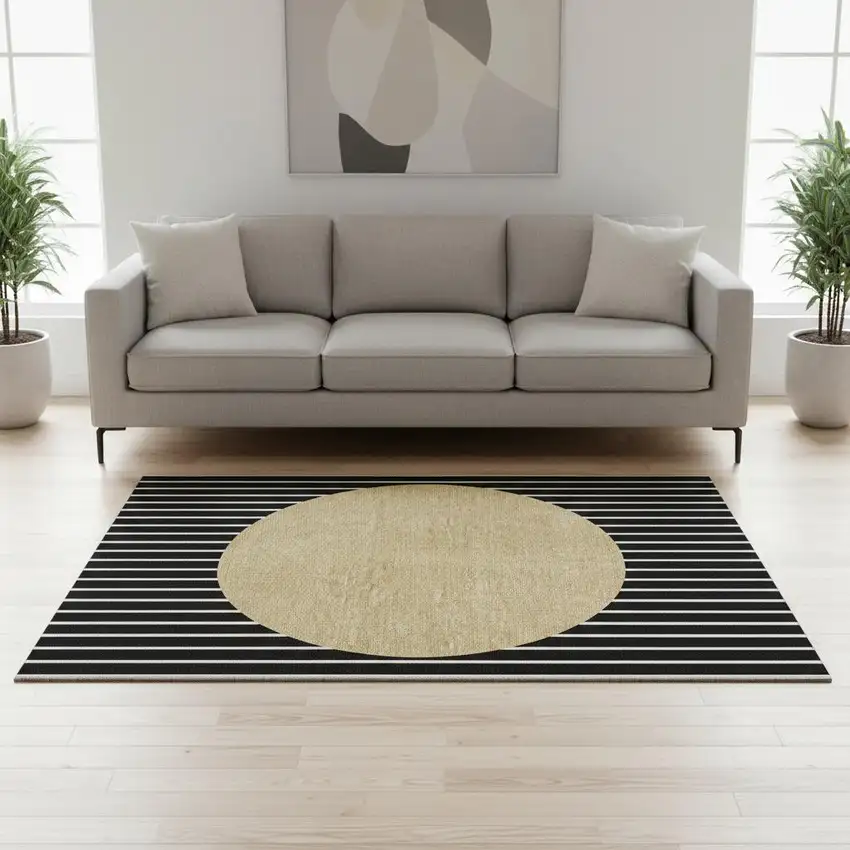 Black Ivory And Gold Striped Washable Area Rug With UV Protection Photo 2