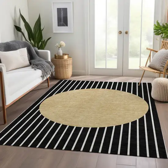 Black Ivory And Gold Striped Washable Area Rug With UV Protection Photo 5