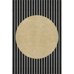 Photo of Black Ivory And Gold Striped Washable Area Rug With UV Protection