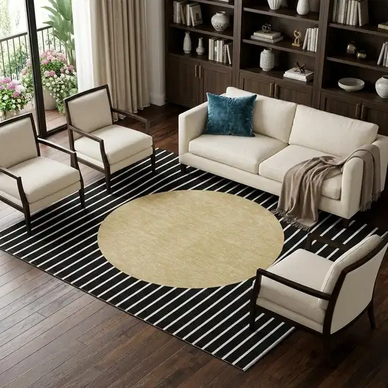 Black Ivory And Gold Striped Washable Area Rug With UV Protection Photo 1