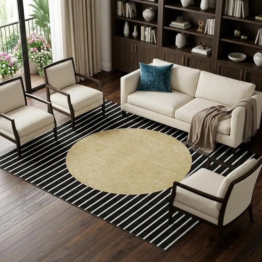 Black Ivory And Gold Striped Washable Area Rug With UV Protection Photo 1