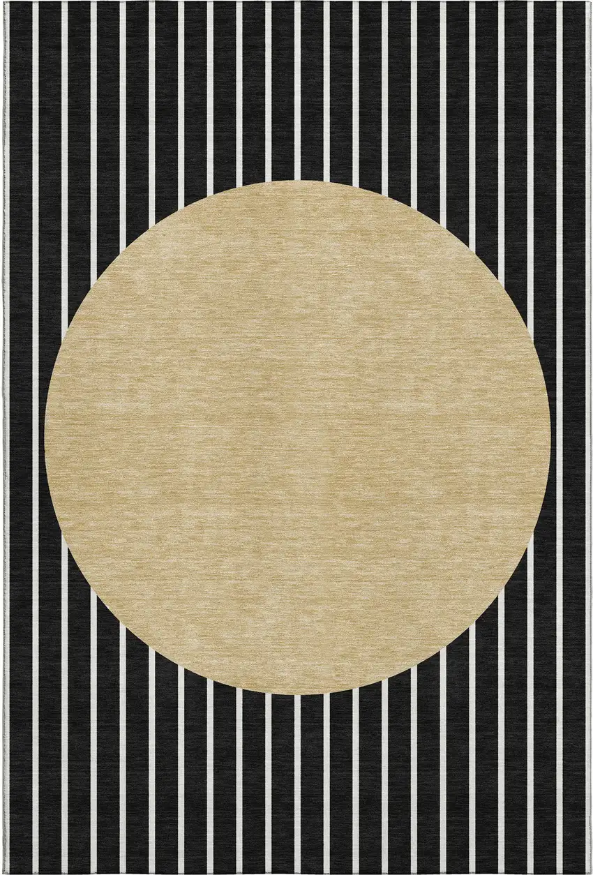 Black Ivory And Gold Striped Washable Area Rug With UV Protection Photo 1