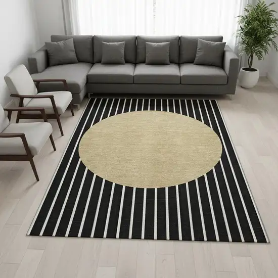 Black Ivory And Gold Striped Washable Area Rug With UV Protection Photo 2