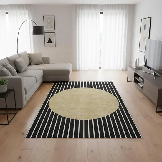 Black Ivory And Gold Striped Washable Area Rug With UV Protection Photo 2