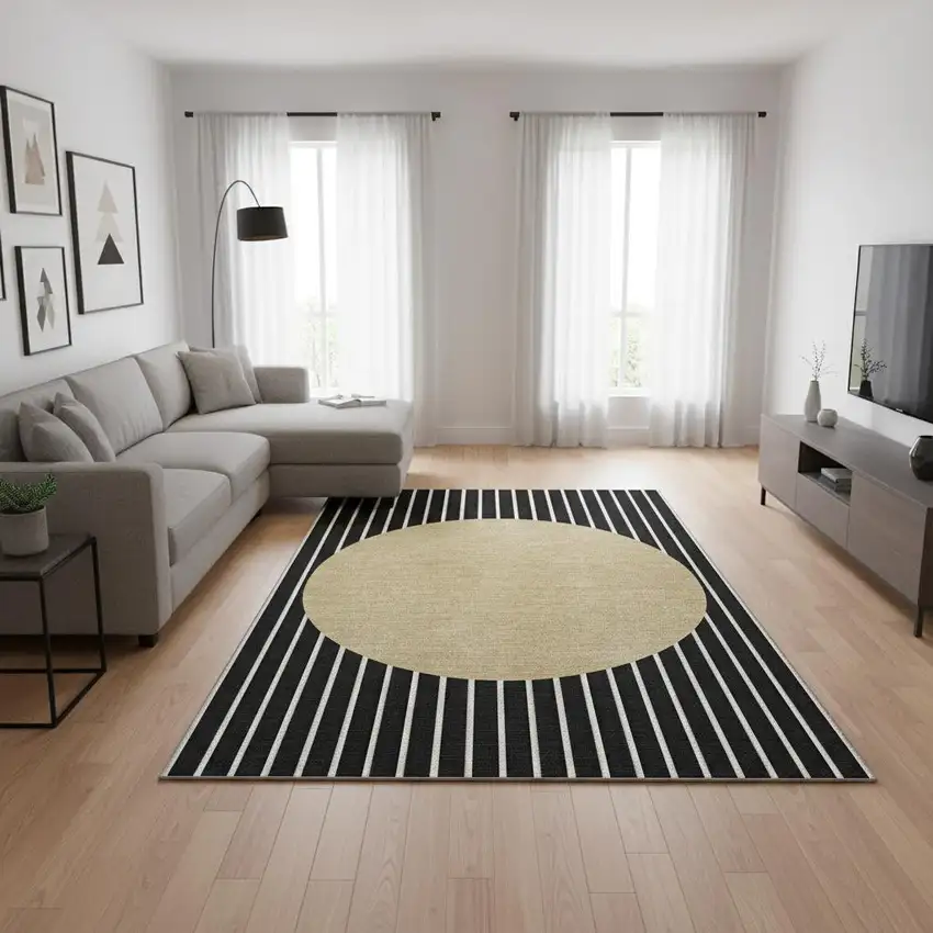 Black Ivory And Gold Striped Washable Area Rug With UV Protection Photo 2