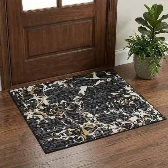 Black Ivory And Gold Striped Washable Area Rug With UV Protection Photo 1