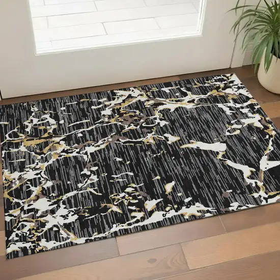 Black Ivory And Gold Striped Washable Area Rug With UV Protection Photo 1