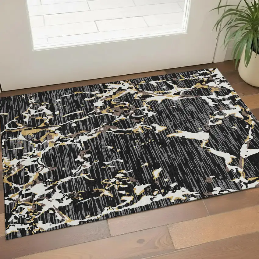 Black Ivory And Gold Striped Washable Area Rug With UV Protection Photo 1