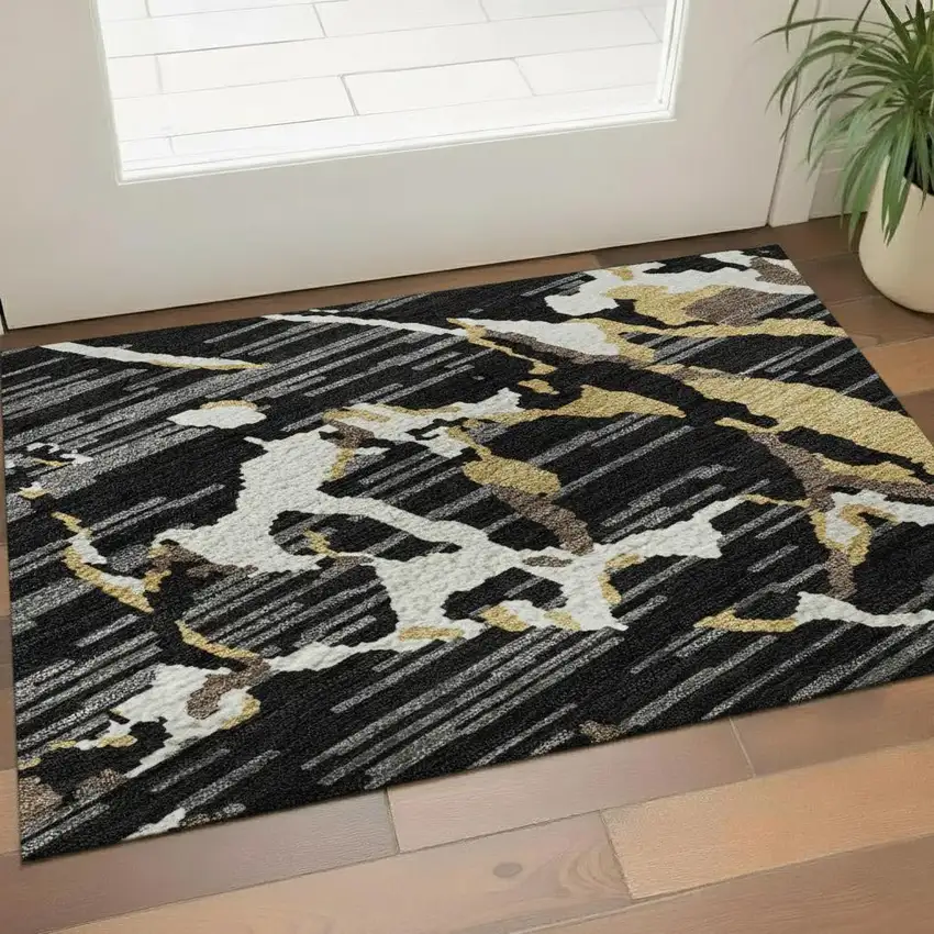 Black Ivory And Gold Striped Washable Area Rug With UV Protection Photo 2