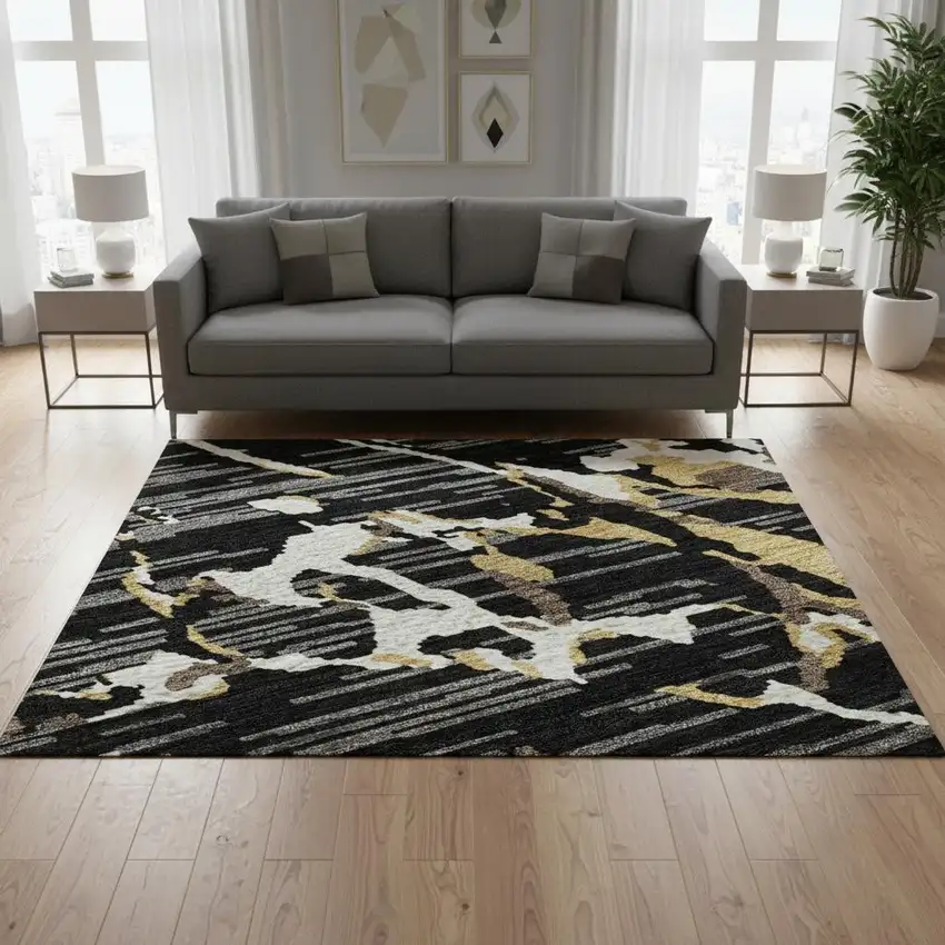 Black Ivory And Gold Striped Washable Area Rug With UV Protection Photo 2