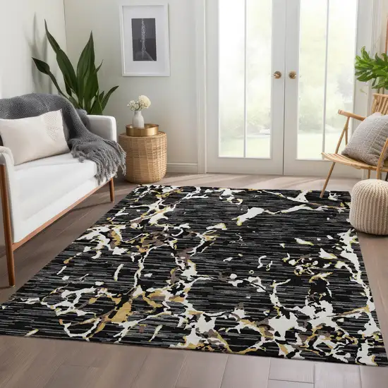 Black Ivory And Gold Striped Washable Area Rug With UV Protection Photo 3