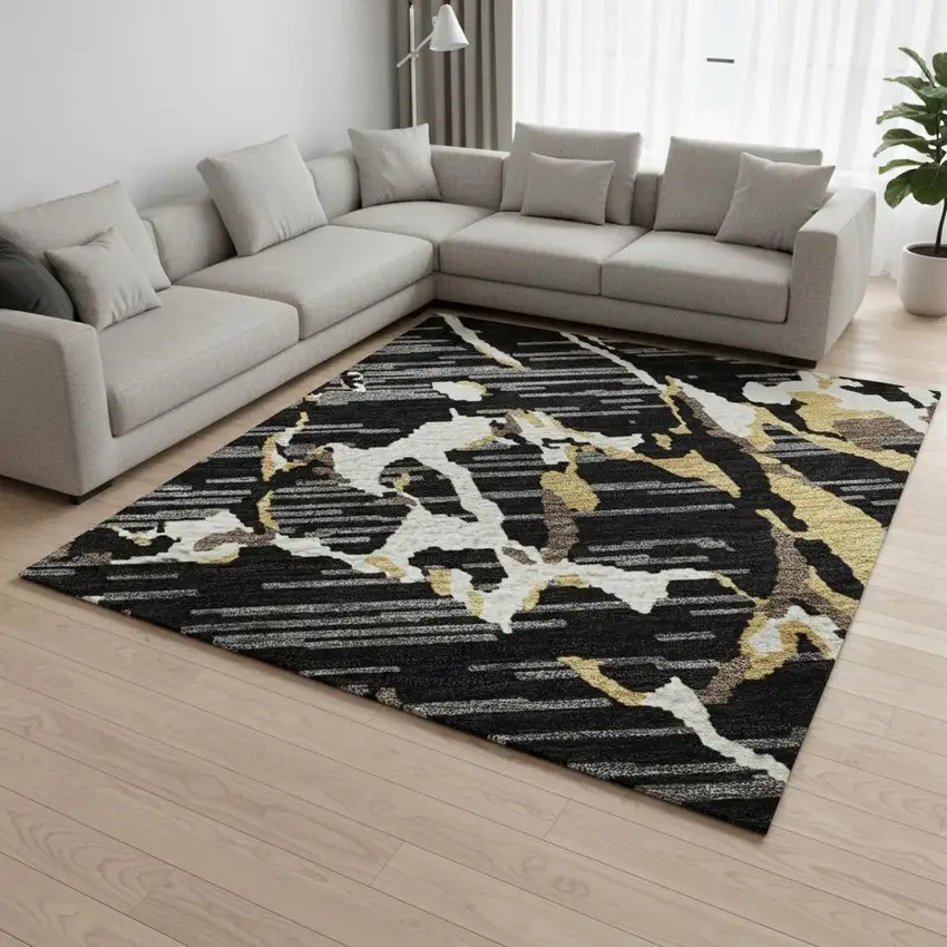 Black Ivory And Gold Striped Washable Area Rug With UV Protection Photo 2