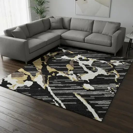 Black Ivory And Gold Striped Washable Area Rug With UV Protection Photo 2