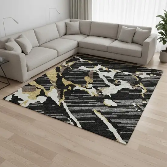 Black Ivory And Gold Striped Washable Area Rug With UV Protection Photo 2