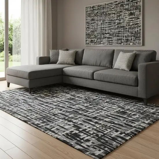 Black Ivory And Gray Abstract Geometric Washable Area Rug With UV Protection Photo 2