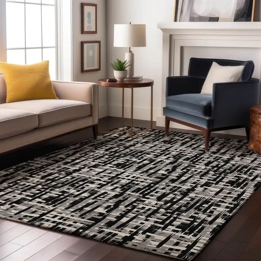 Black Ivory And Gray Abstract Geometric Washable Area Rug With UV Protection Photo 4