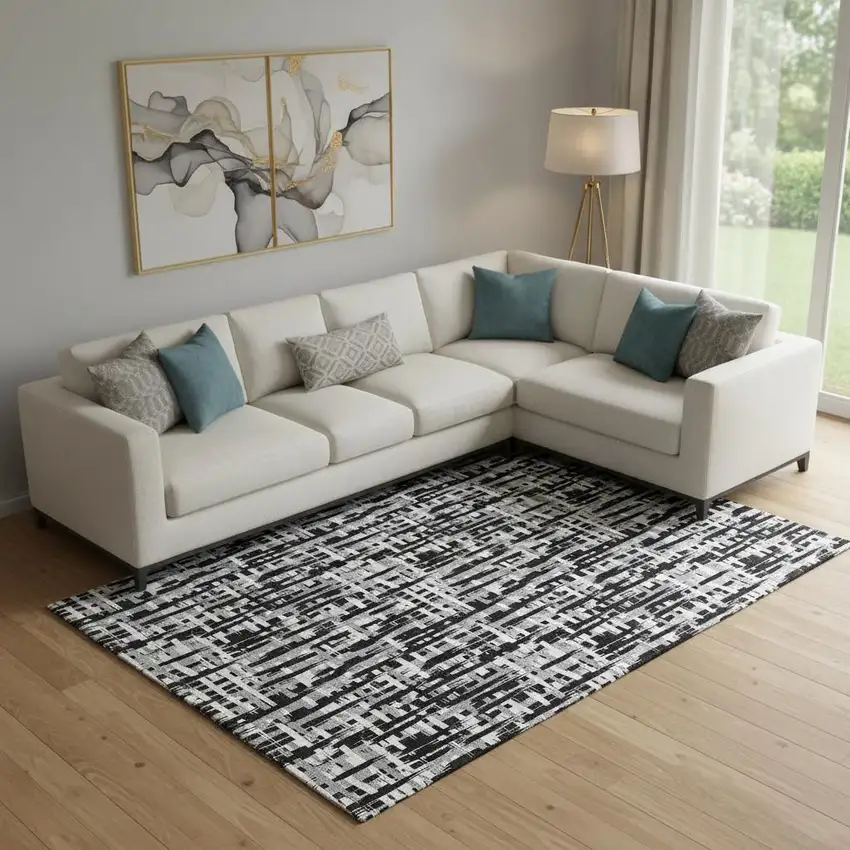 Black Ivory And Gray Abstract Geometric Washable Area Rug With UV Protection Photo 2