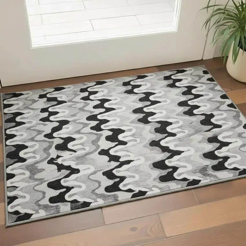 Black Ivory And Gray Abstract Washable Area Rug With UV Protection Photo 2