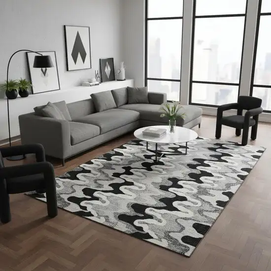 Black Ivory And Gray Abstract Washable Area Rug With UV Protection Photo 2