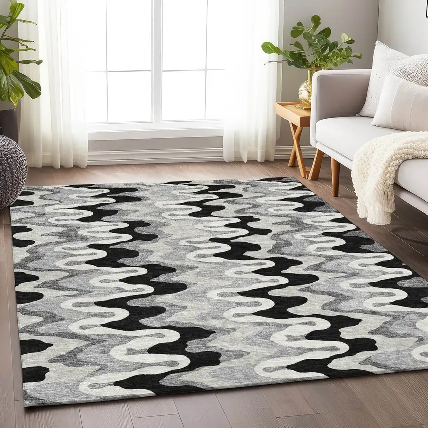 Black Ivory And Gray Abstract Washable Area Rug With UV Protection Photo 5