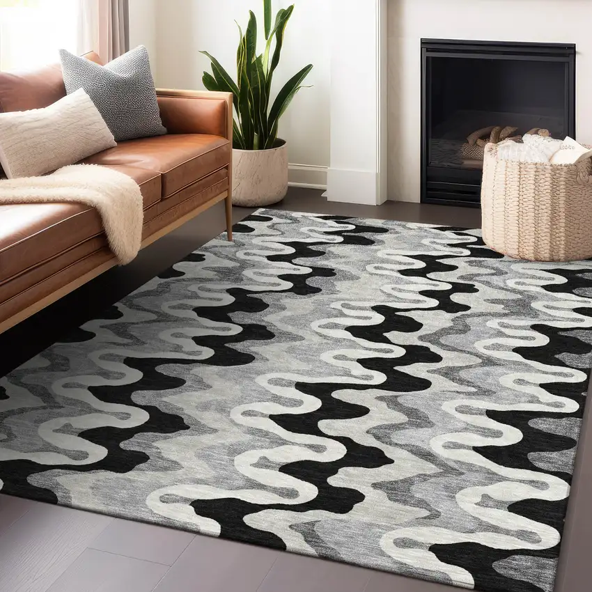 Black Ivory And Gray Abstract Washable Area Rug With UV Protection Photo 6
