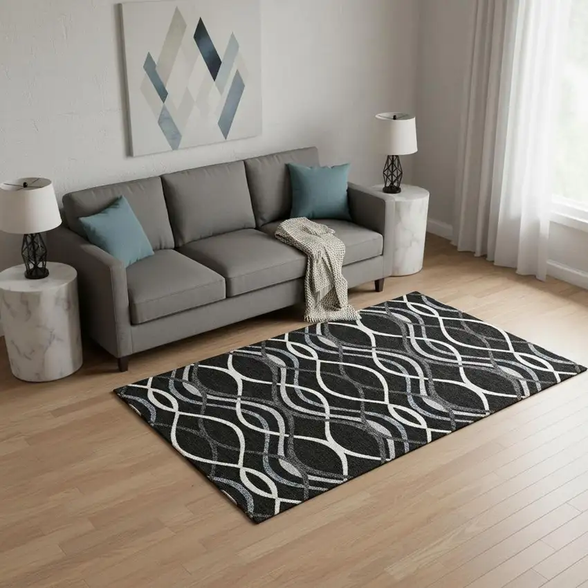 Black Ivory And Gray Abstract Washable Area Rug With UV Protection Photo 2
