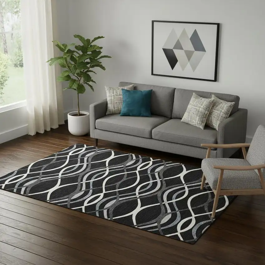 Black Ivory And Gray Abstract Washable Area Rug With UV Protection Photo 1