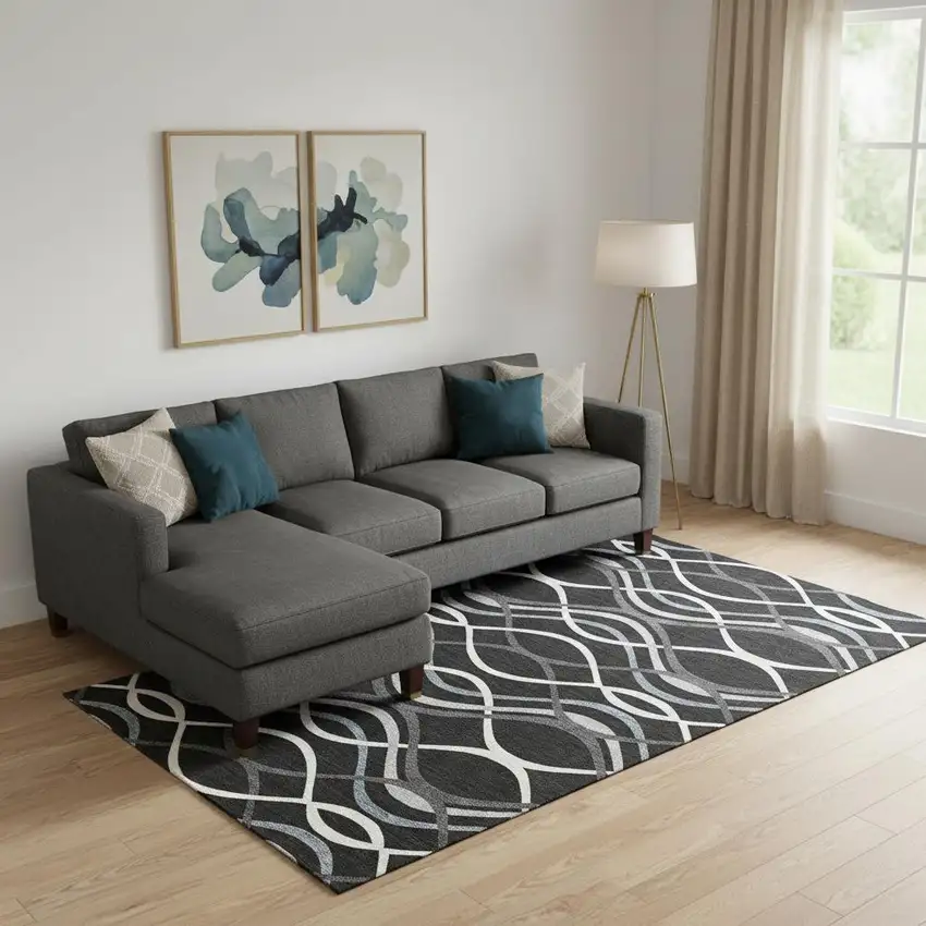 Black Ivory And Gray Abstract Washable Area Rug With UV Protection Photo 1