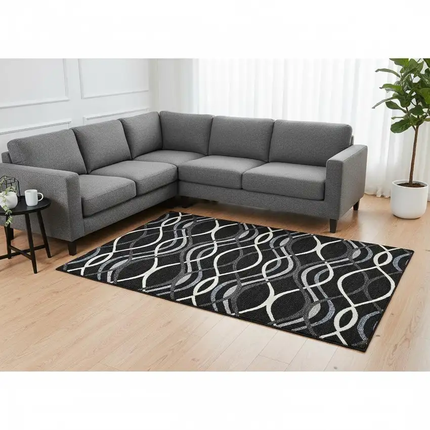 Black Ivory And Gray Abstract Washable Area Rug With UV Protection Photo 2