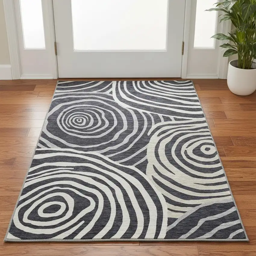 Black Ivory And Gray Abstract Washable Area Rug With UV Protection Photo 2