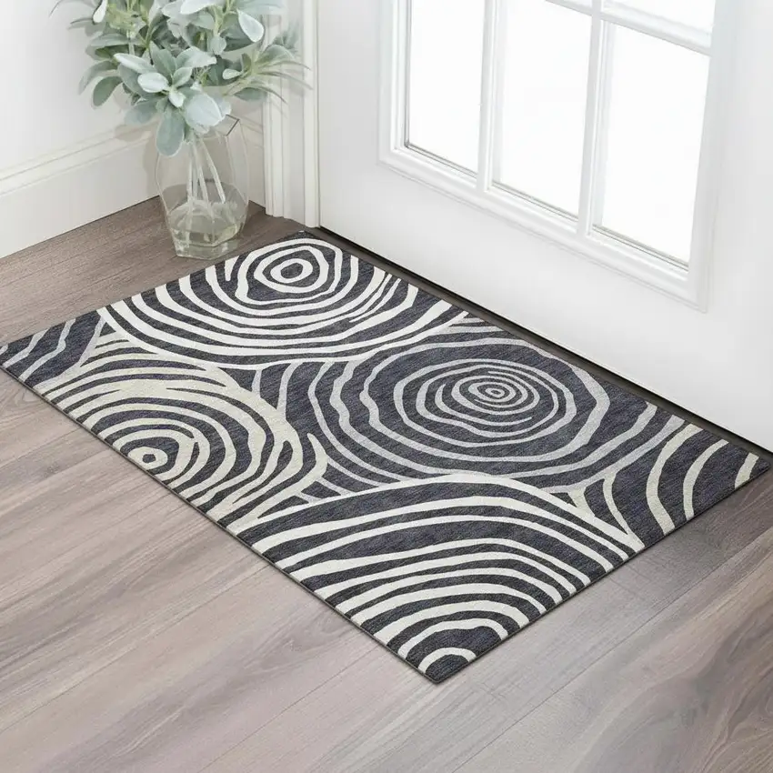 Black Ivory And Gray Abstract Washable Area Rug With UV Protection Photo 1