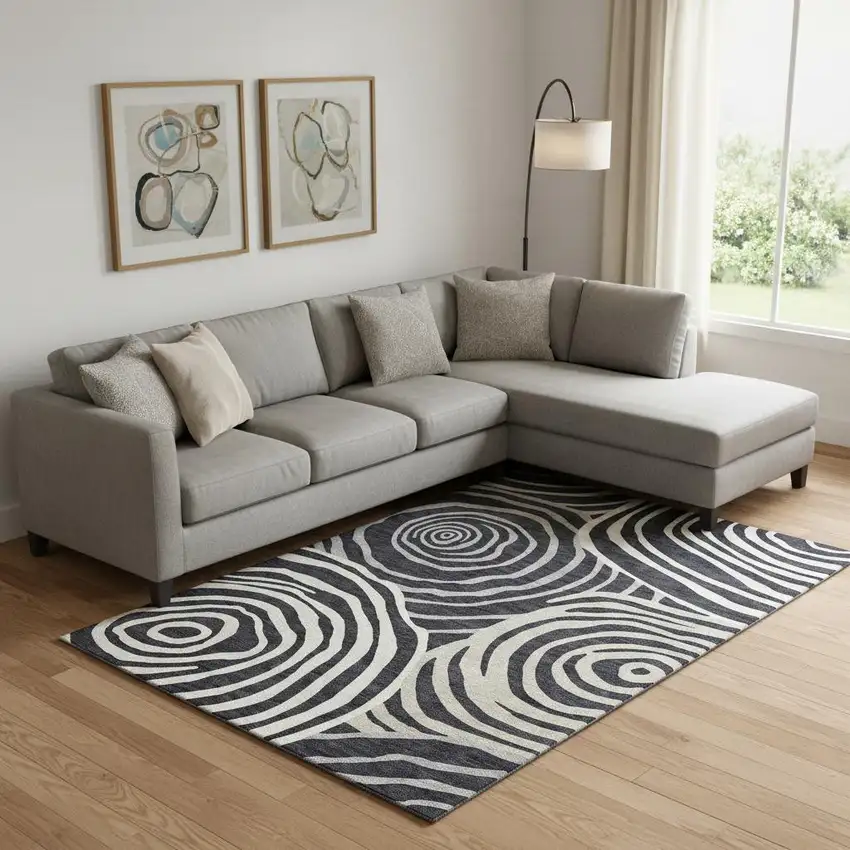 Black Ivory And Gray Abstract Washable Area Rug With UV Protection Photo 1