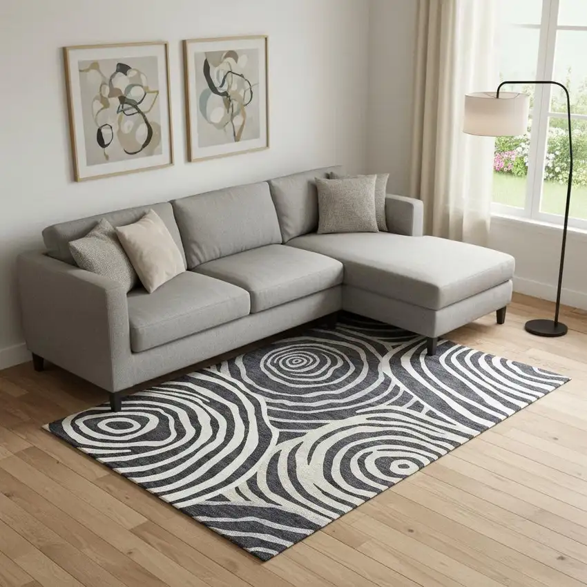 Black Ivory And Gray Abstract Washable Area Rug With UV Protection Photo 1
