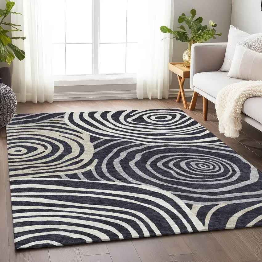 Black Ivory And Gray Abstract Washable Area Rug With UV Protection Photo 5