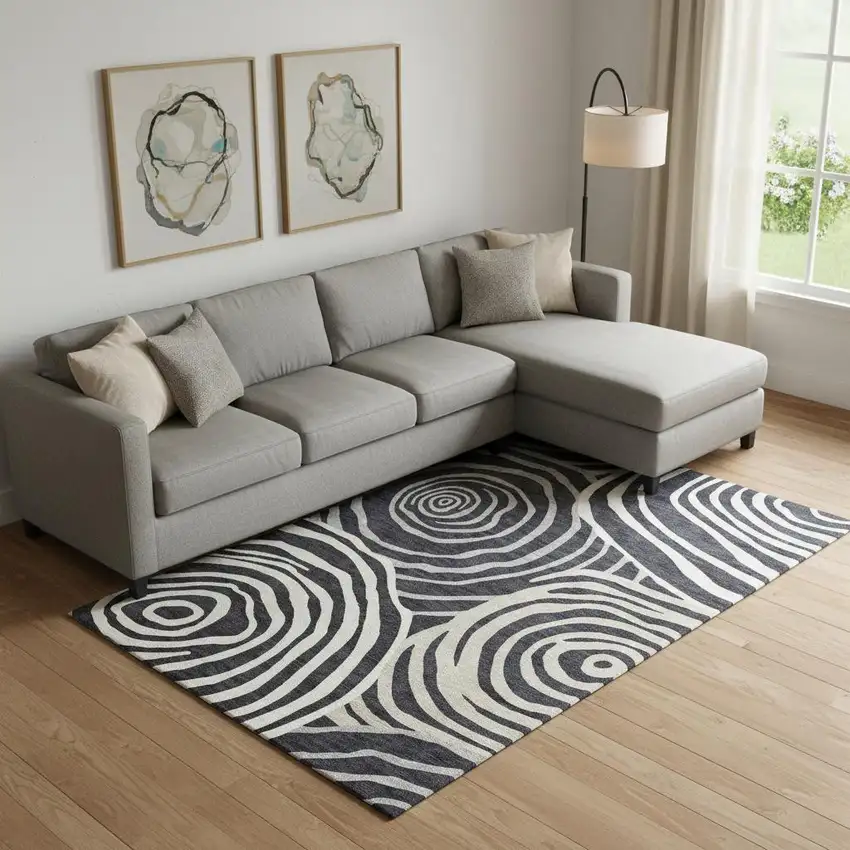 Black Ivory And Gray Abstract Washable Area Rug With UV Protection Photo 1