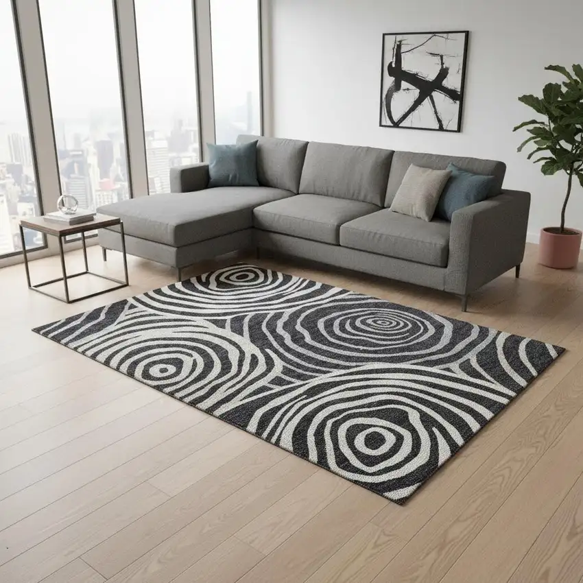 Black Ivory And Gray Abstract Washable Area Rug With UV Protection Photo 2