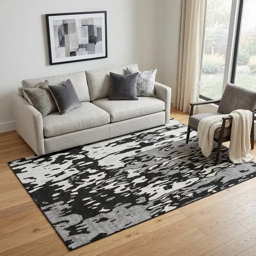 Black Ivory And Gray Abstract Washable Area Rug With UV Protection Photo 1
