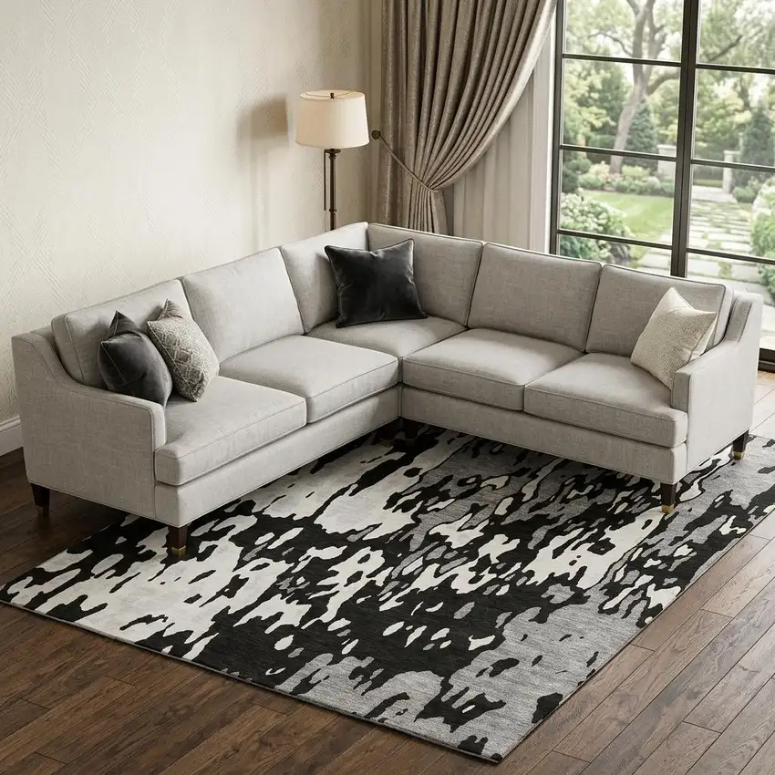 Black Ivory And Gray Abstract Washable Area Rug With UV Protection Photo 1