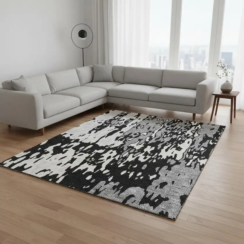 Black Ivory And Gray Abstract Washable Area Rug With UV Protection Photo 2